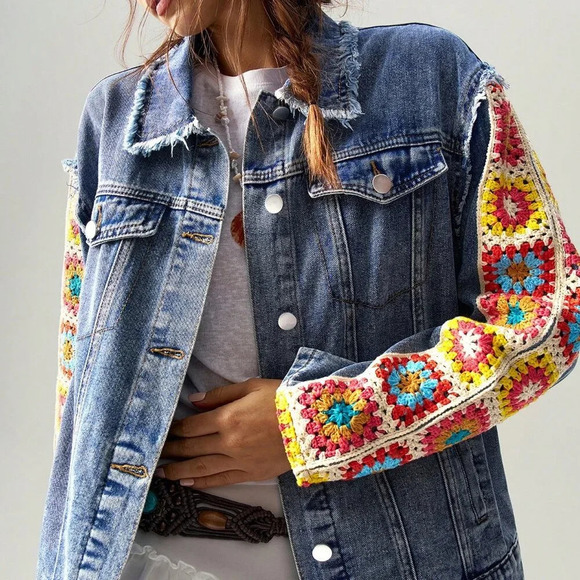 Boho Women's Floral Print Drop Shoulder Long Sleeve Woven denim Jacket Blue - Picture 7 of 8